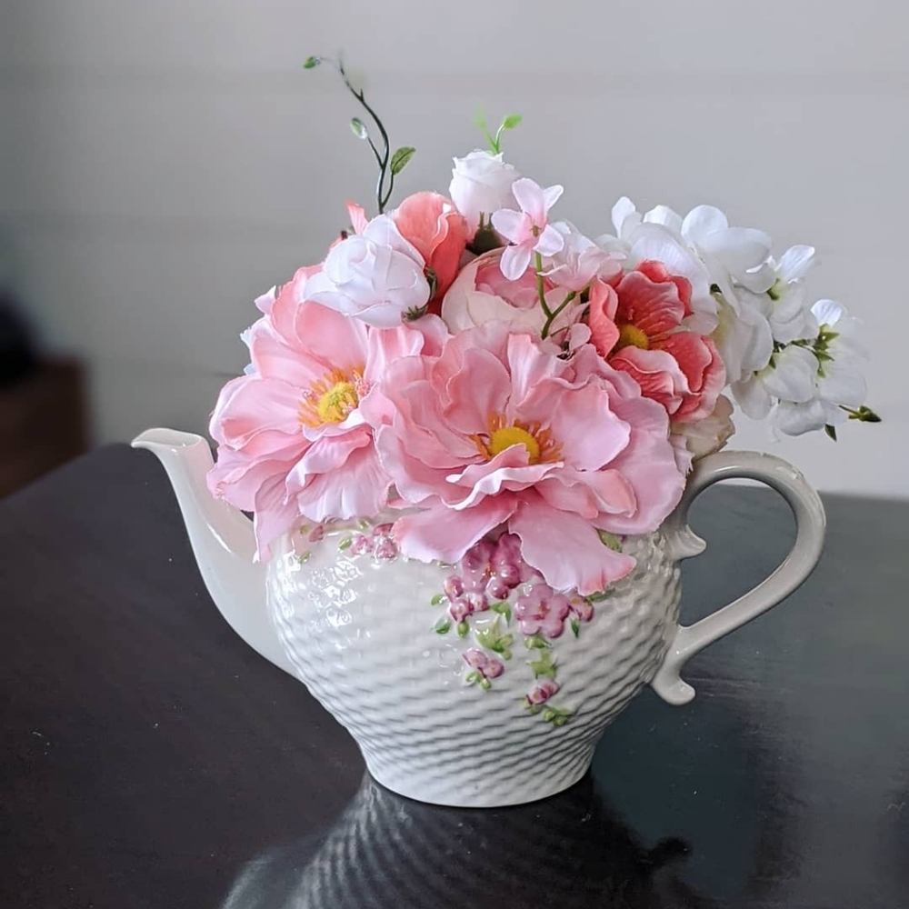 Vintage Teapot Floral Arrangement Spring Decor